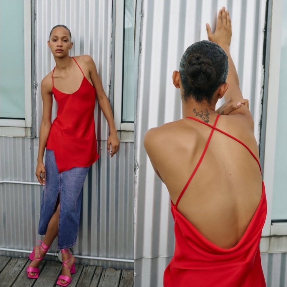zara red satin strappy low back cami tank blouse - like new size medium